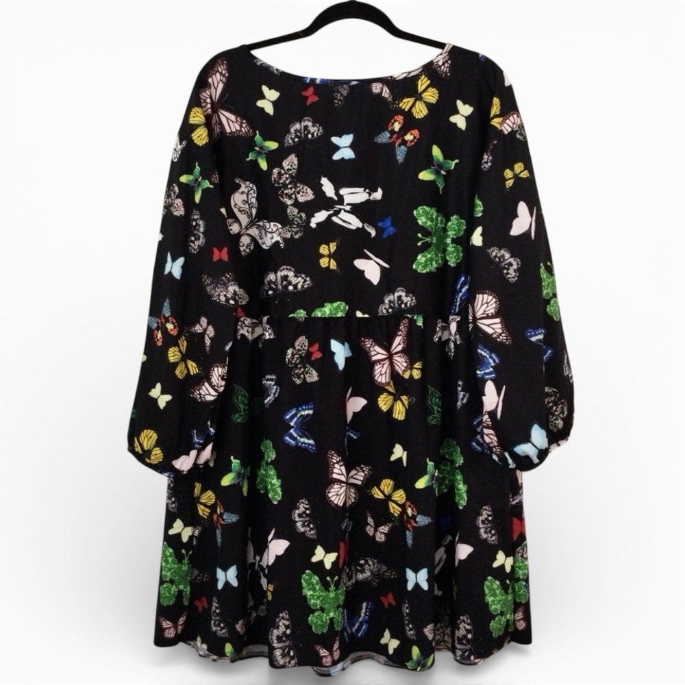Colorful Butterfly Print Black Mini Dress – Long Sleeve V‑Neck, Size L/XL, NWOT - Picture 6 of 12